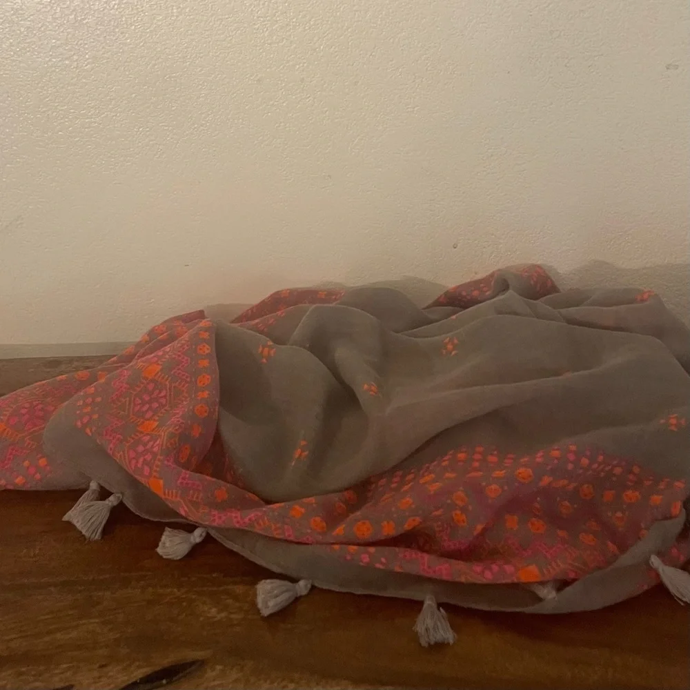 Free Press Gray Coral Pink Boho Tassel Scarf Wrap Shawl One Size